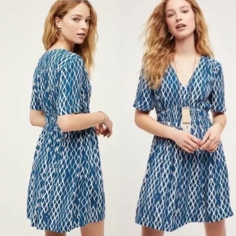 Anthro HD in Paris teal white trellis print dress